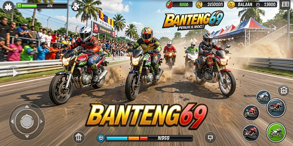 Screenshot gameplay BANTENG69 menampilkan aksi balapan motor yang seru.