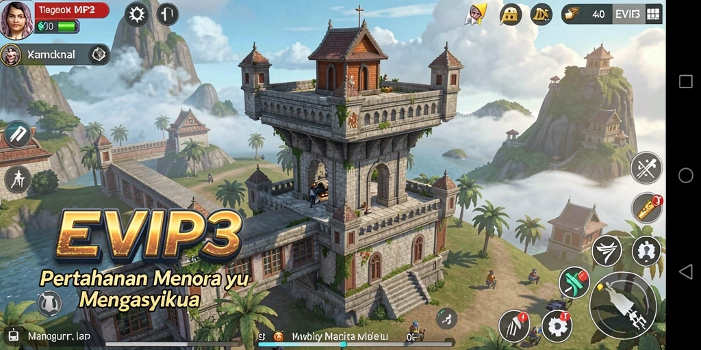Screenshot gameplay EVIP3 menampilkan pertahanan menara yang epik.