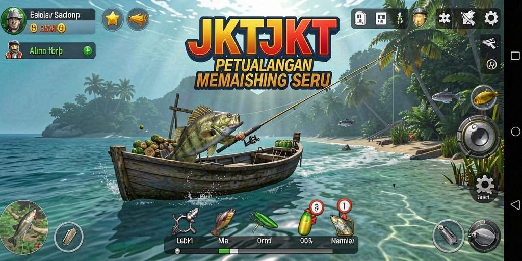 Screenshot gameplay JKTJKT dengan aksi memancing seru.