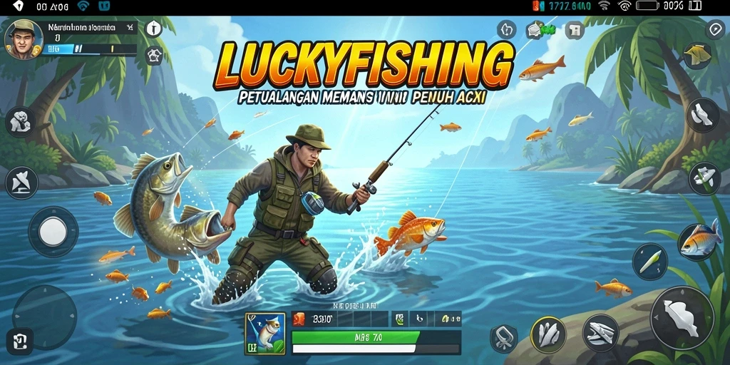 Tampilan gameplay LUCKYFISHING yang penuh aksi dalam memancing.