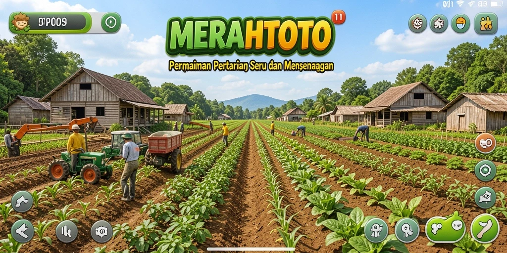 Screenshot gameplay MERAHTOTO dengan ladang yang subur dan hewan ternak.