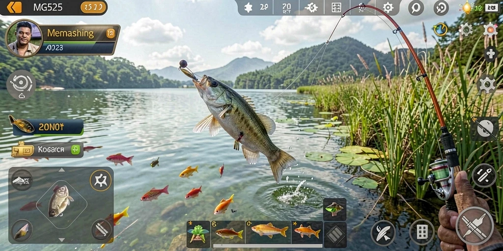 Screenshot MG525 menampilkan keseruan memancing dengan ikan beragam.