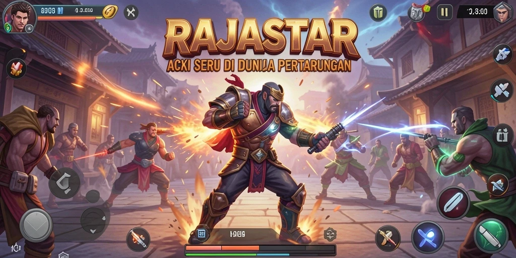 Tampilan screenshot menunjukkan aksi seru dalam pertarungan intens di RAJASTAR.