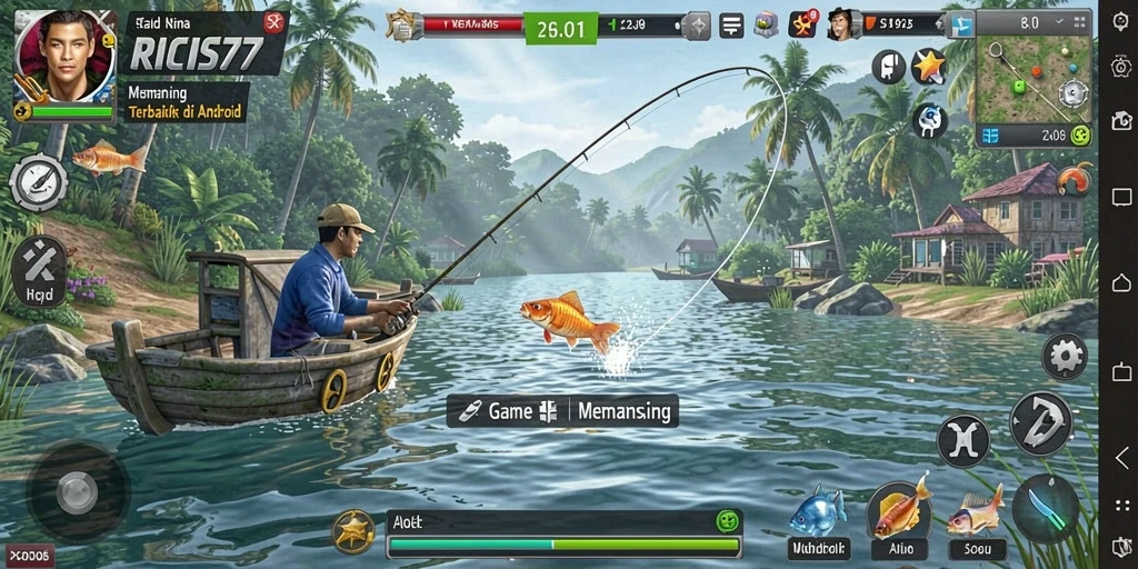 Screenshot gameplay RICIS77 dengan aksi memancing yang menegangkan.