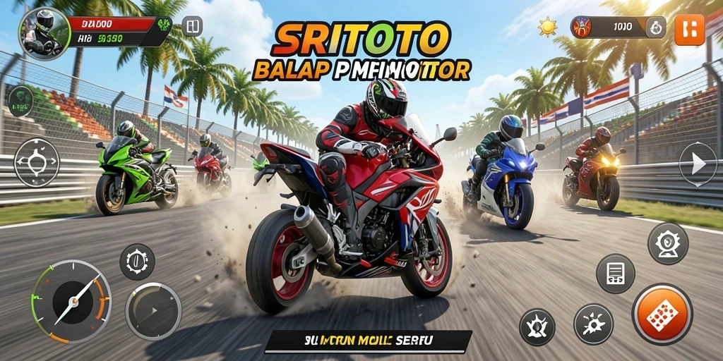 Screenshot dari gameplay SRITOTO yang menampilkan balapan motor yang mendebarkan.