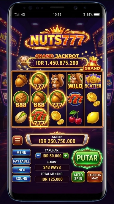 Screenshot aplikasi dengan berbagai kategori yang tersedia di nuts777.